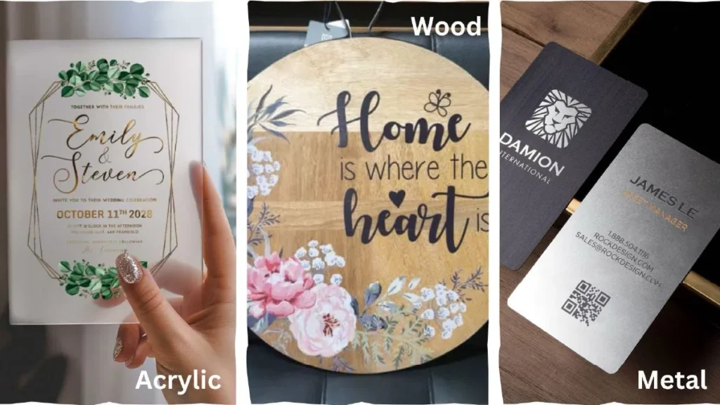A collection of UV-printed products, including acrylic signs, custom packaging, promotional items, and business branding materials.