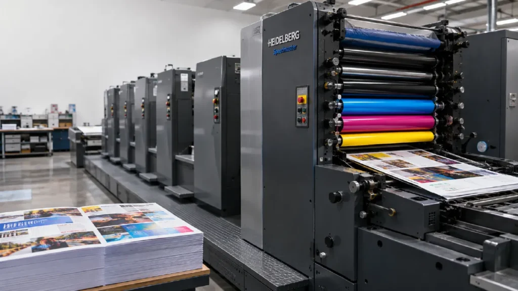 Modern offset printing press producing high-quality commercial brochures