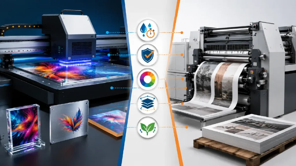 Comparison of UV printing and traditional printing showing differences in print quality, durability, drying time, and material compatibility.
