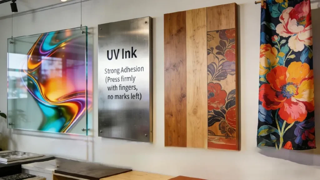 Collection of UV-printed products on acrylic, glass, wood, metal, and PVC showcasing vibrant colors and durable print quality.
