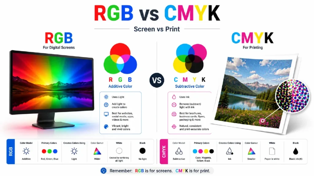 Side-by-side comparison of RGB and CMYK color models for digital screens and printing