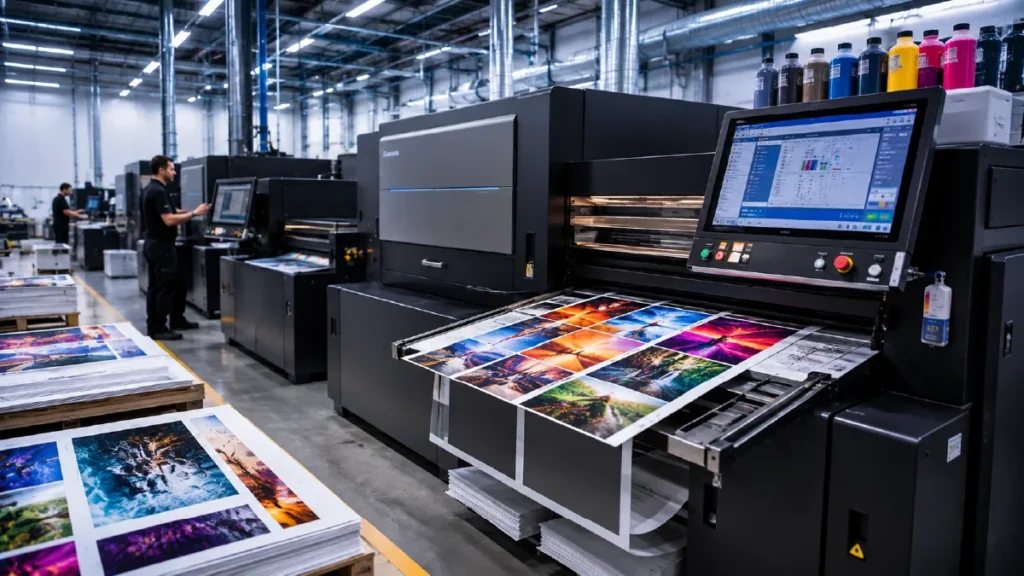 Modern digital production printer creating high-quality commercial prints.