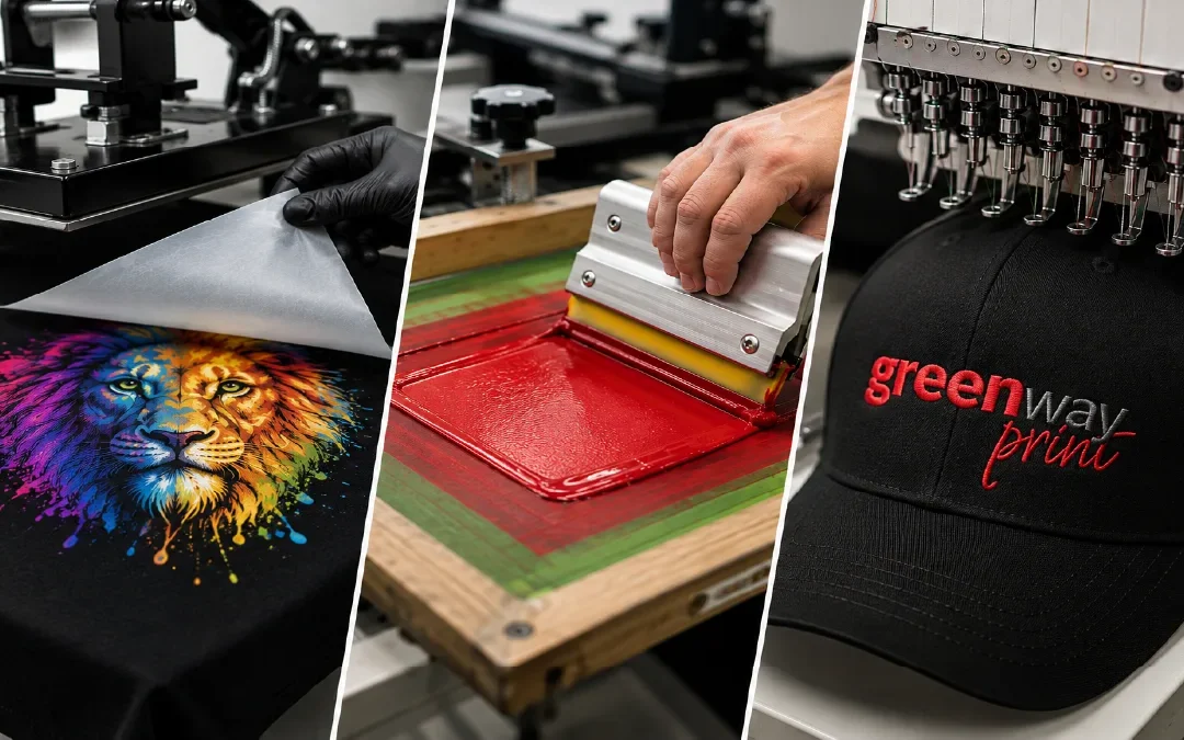 Comparison of DTF printing, screen printing, and embroidery techniques on custom apparel by GreenwayPrint.