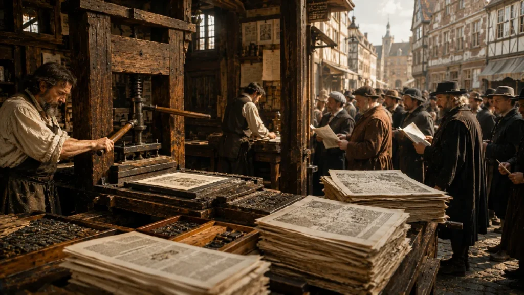 Early newspaper printing press producing newspapers for public distribution.
