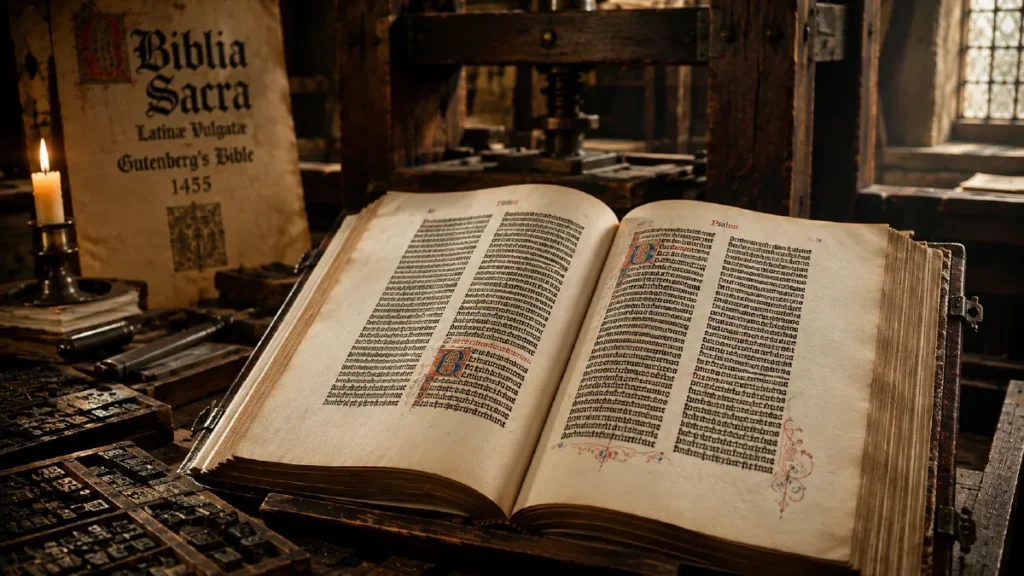 The Gutenberg Bible, one of the first major books printed using movable type.