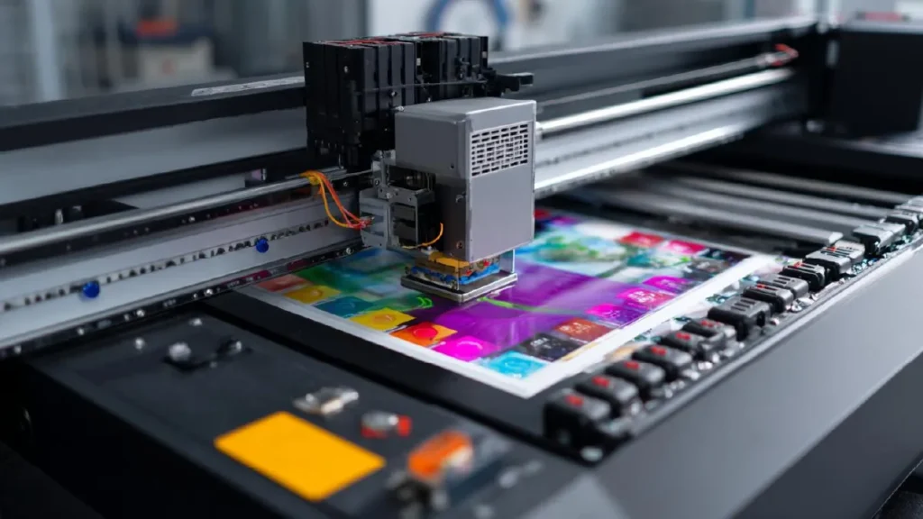 up of a UV flatbed printer applying UV ink while UV LED lights instantly cure the printed surface.