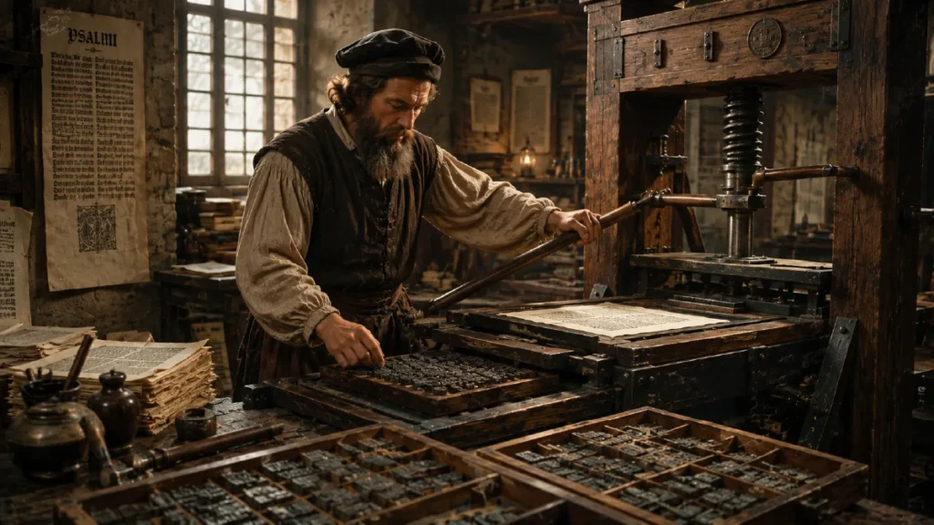 ohannes Gutenberg operating the first movable-type printing press.