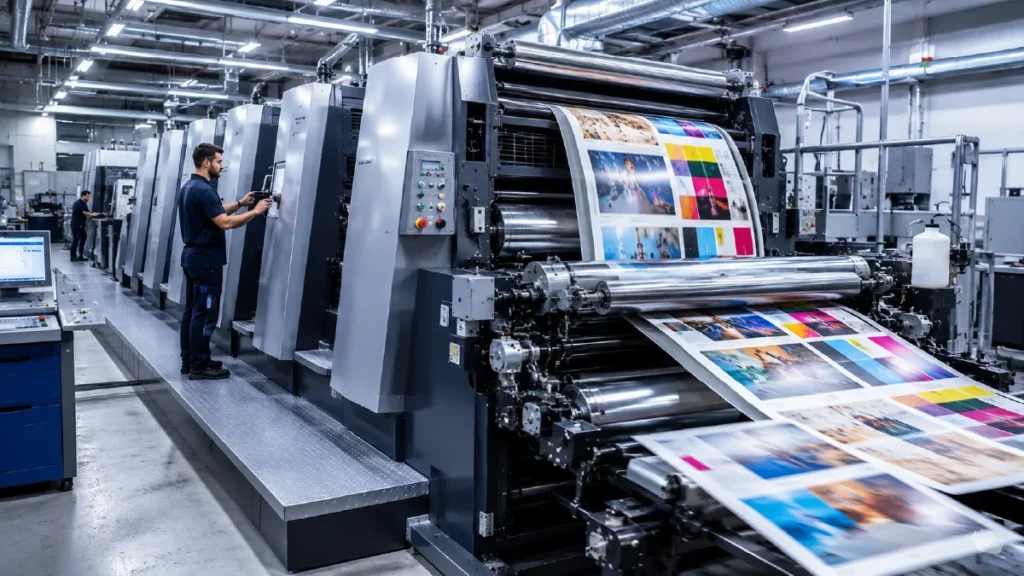 Modern offset printing press producing high-quality commercial prints.