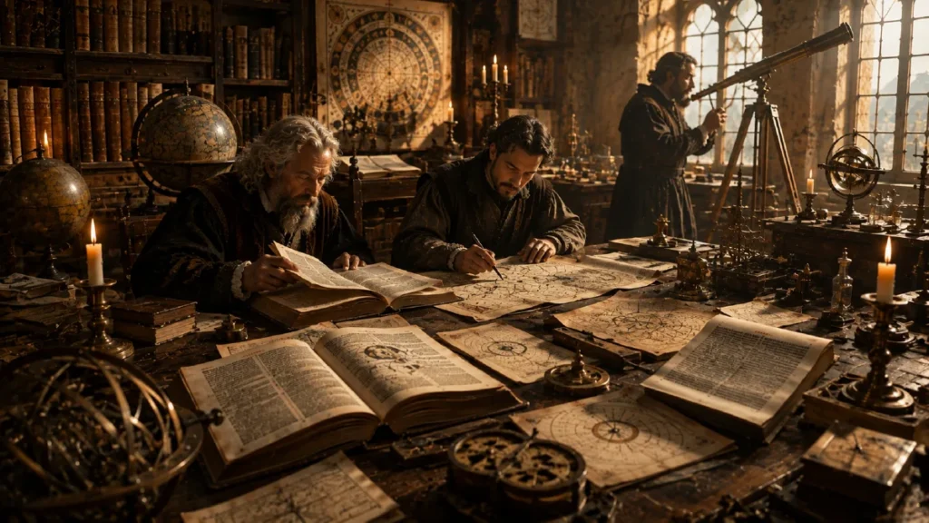 Renaissance scientists studying printed books and scientific manuscripts.