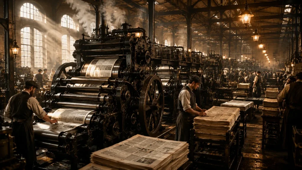 Steam-powered printing press during the Industrial Revolution.