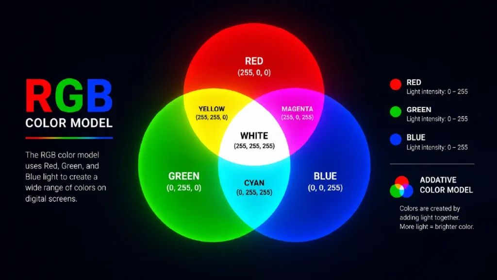 RGB color model showing how red green and blue light combine to create digital colors