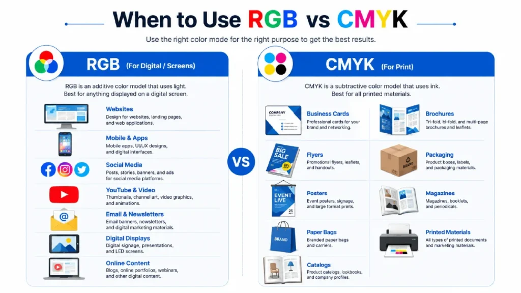 Infographic showing when to use RGB for digital designs and CMYK for professional printing