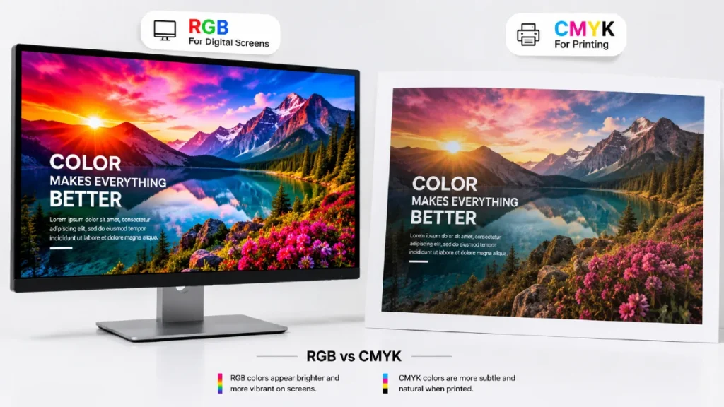 Comparison showing why RGB screen colors look different from CMYK printed colors